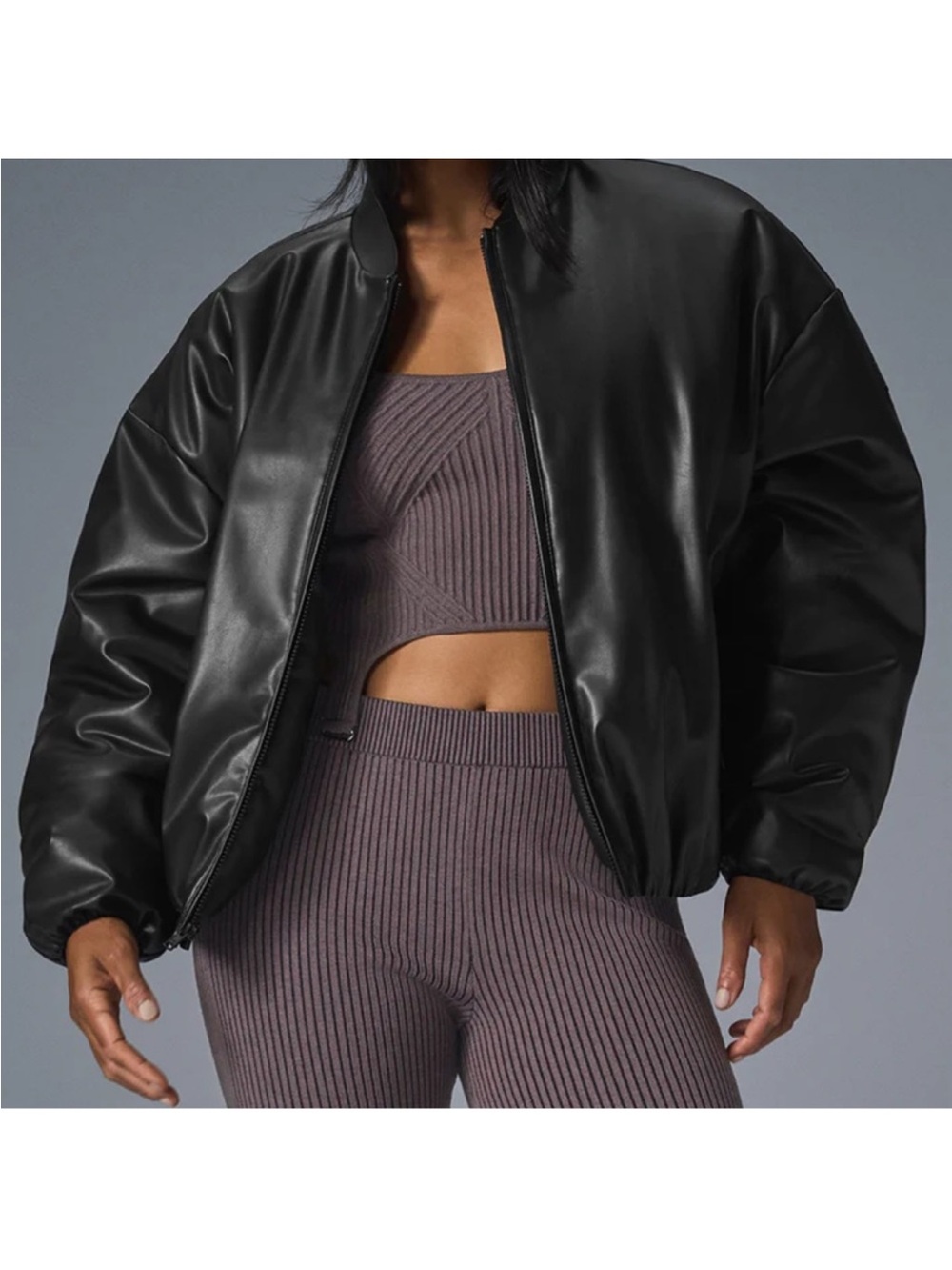 ALO Yoga Black Faux Leather Bomber Jacket